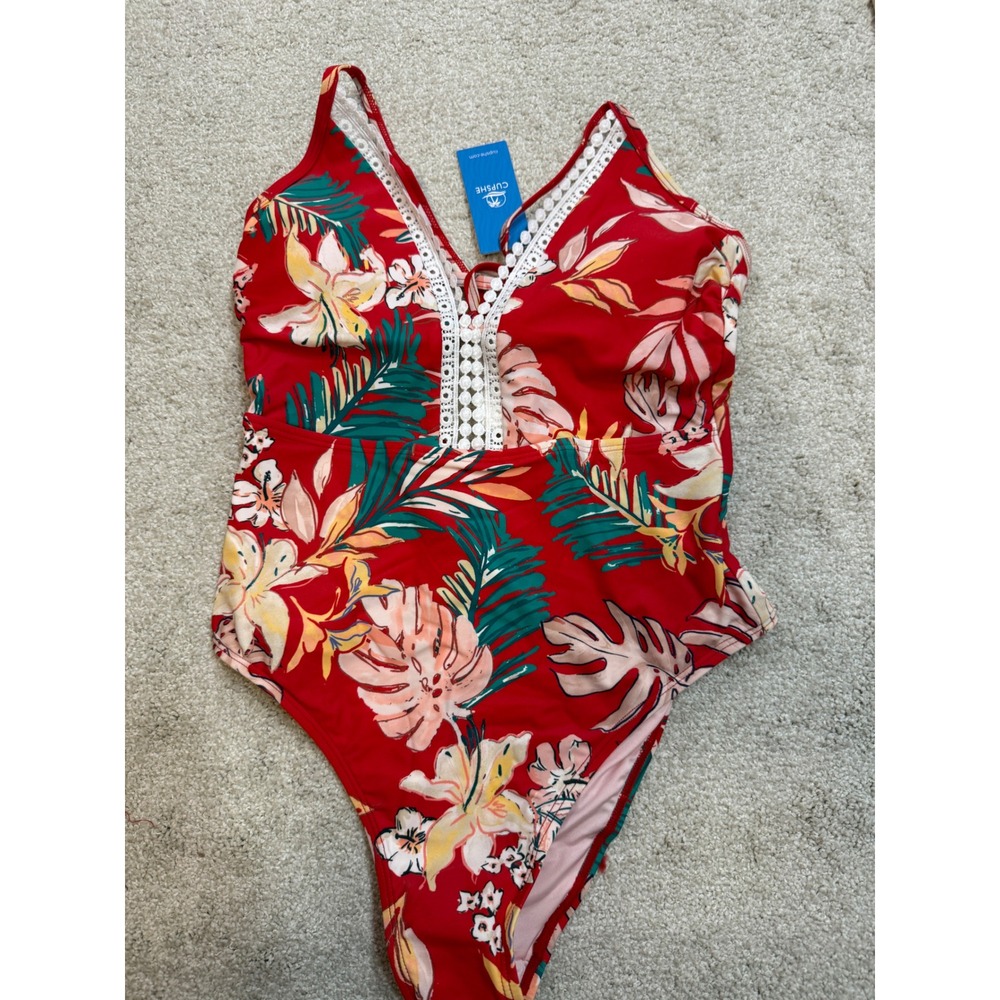 Cupshe One Piece Swimsuit Red Floral Lace Trim Plunge V Neck Ring Detail